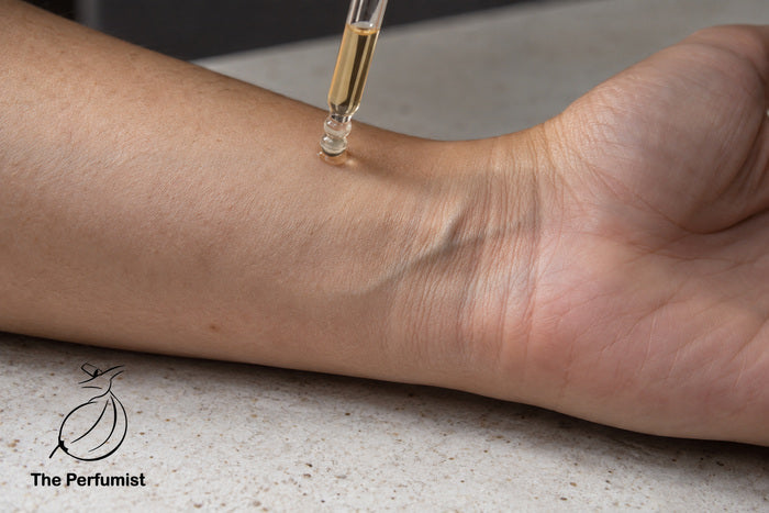 Is Oud Sunnah? Illustration of a glass fragrance applicator touching a wrist.