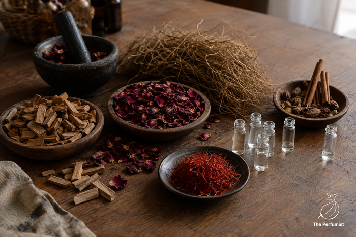 What Is Oud Accord? editorial image showing woods, resins, florals and spices used as perfumery material families